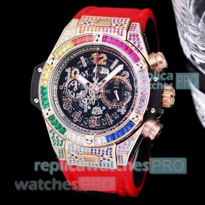 Best Copy Hublot Big Bang Unico Rainbow Diamond Watches Red Expandable strap